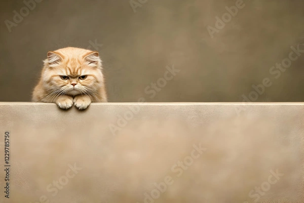 Fototapeta Grumpy cat on wall, neutral background, pet