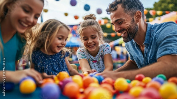 Fototapeta Family enjoys playing games at a lively community fair during a sunny afternoon