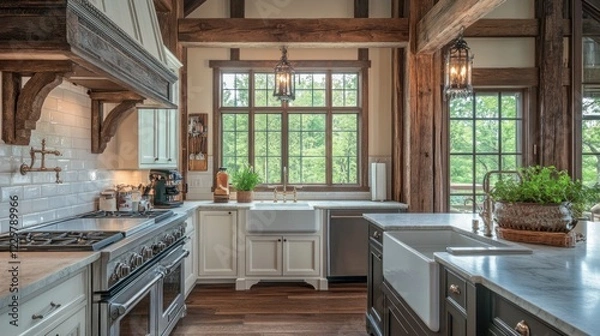 Fototapeta A cozy kitchen featuring wooden beams, large windows, and modern appliances.