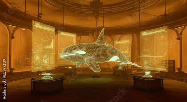 Fototapeta 未来的なラボと古典的なワイヤーフレームのオルカの優雅な調和