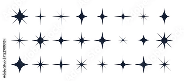 Fototapeta Stars set, sparkle icons collection. Set star abstract shapes. Template for design poster, card, banner. Vintage graphic set of star, light rays. Hand drawn design elements. Vector Illustration