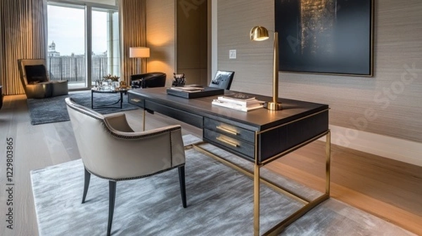 Fototapeta A refined workspace featuring a sleek desk with gold drawer handles.