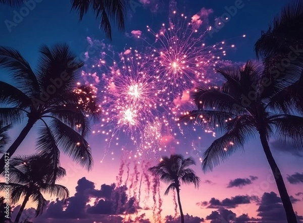 Obraz Colorful fireworks exploding in the night sky over a tropical beach with palm trees silhouetted against a purple and pink sunset backdrop
