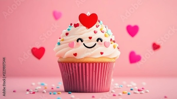 Fototapeta A cheerful cartoon cupcake with heart-shaped sprinkles and a smiling face for Valentine's Day