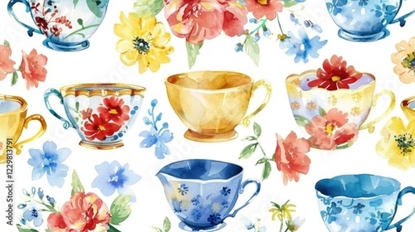 Fototapeta Watercolor beautiful, elegant, vintage teacups pattern, with yellow, blue, and red floral accents, in pastel colors on a white background