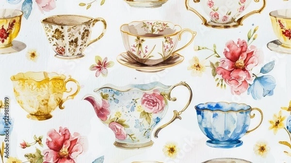 Fototapeta Watercolor beautiful, elegant, vintage teacups pattern, with yellow, blue, and red floral accents, in pastel colors on a white background