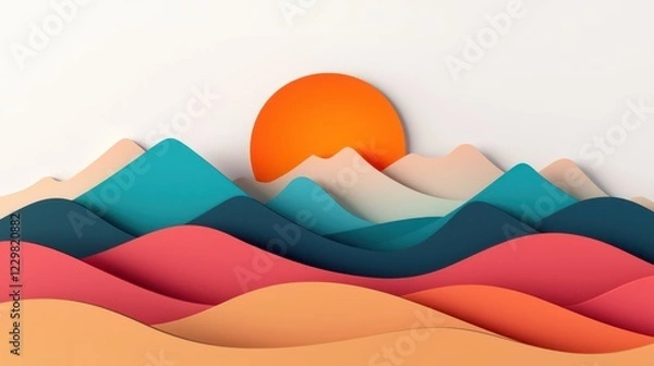 Fototapeta Vibrant Paper Cut Landscape with Rising Sun and Colorful Mountains