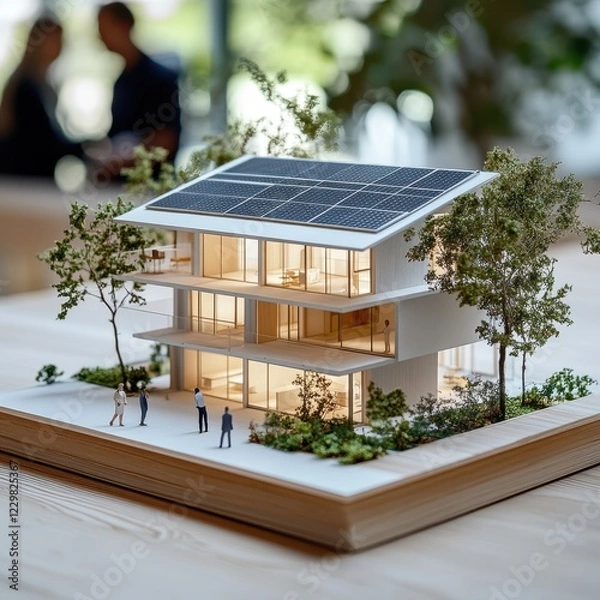 Obraz Modern Architectural Model with Solar Panels and Green Landscaping