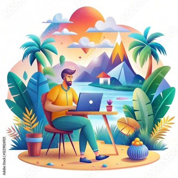 Fototapeta Digital Nomad Working on Laptop in Tropical Paradise