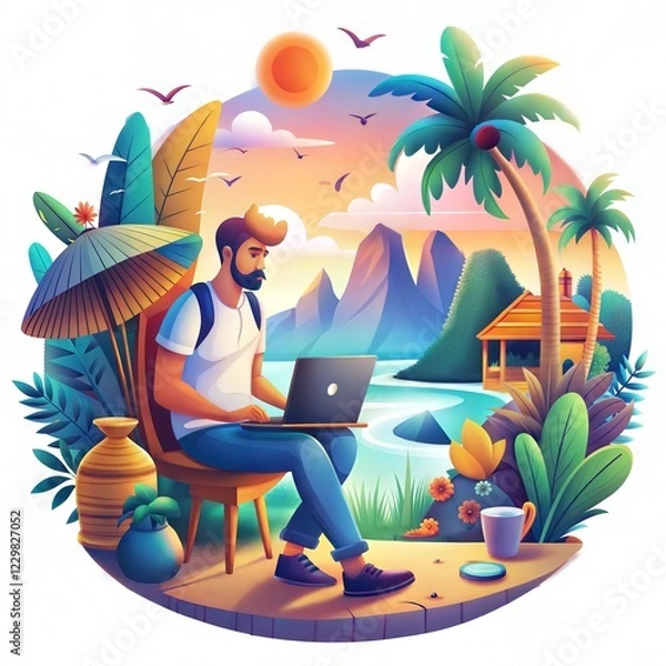 Fototapeta Digital Nomad Working on Laptop in Tropical Paradise