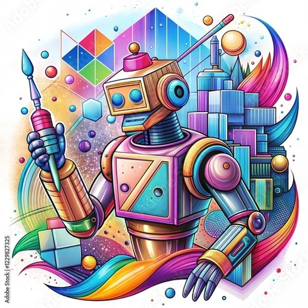 Fototapeta Colorful Retro Robot with Vibrant Geometric Background