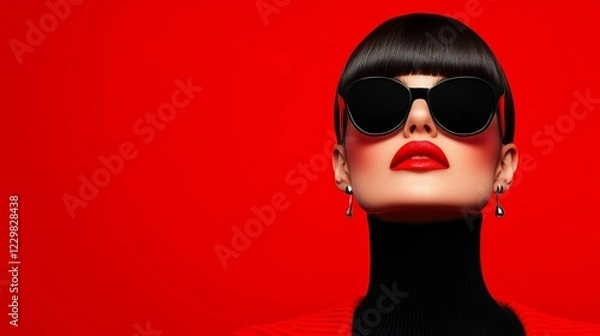Fototapeta Woman wearing sunglasses and red lipstick stands in front of a red background. Concept of confidence and style, as the woman is dressed in a fashionable outfit and is posing for the camera