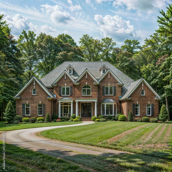 Fototapeta The image depicts a large brick house with a gray roof, set against a backdrop of lush greenery. There is a well-maintained lawn and a curved driveway leading up to the entrance.