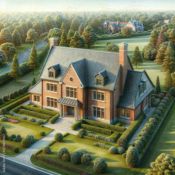 Fototapeta The image depicts a large brick house with a gray roof, set against a backdrop of lush greenery. There is a well-maintained lawn and a curved driveway leading up to the entrance.