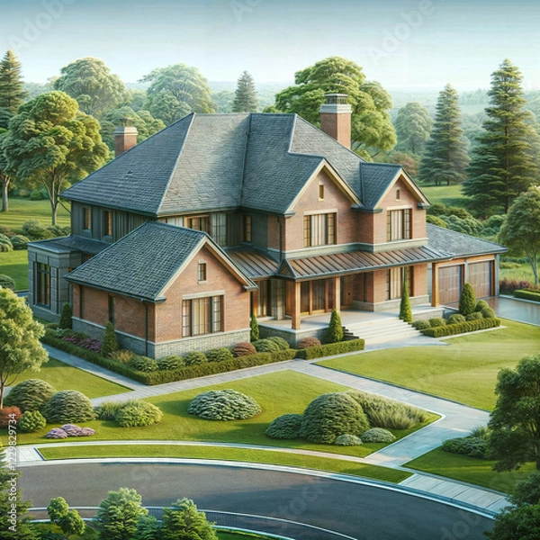 Fototapeta The image depicts a large brick house with a gray roof, set against a backdrop of lush greenery. There is a well-maintained lawn and a curved driveway leading up to the entrance.