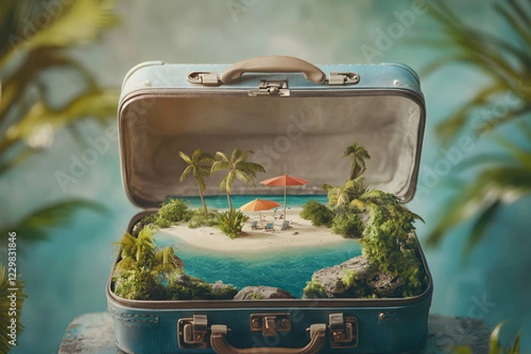 Obraz Miniature Tropical Island Vacation Packed Inside A Vintage Suitcase, Featuring Palm Trees And Beach Chairs. Generative AI
