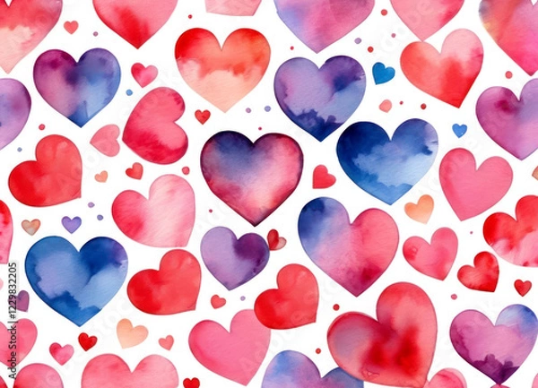 Obraz Red background with small hearts. background with blue and pink hearts. Banner for Valentine's Day. love-themed celebrations.