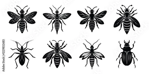 Obraz Set of insects silhouettes. Vector illustrations poisonous insects isolated on white background