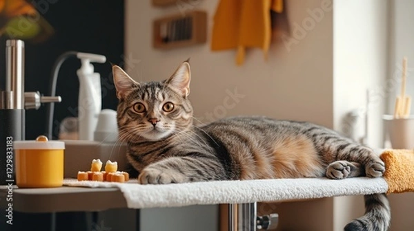 Fototapeta Tabby cat resting on white surface near yellow container and small treats in a modern kitchen