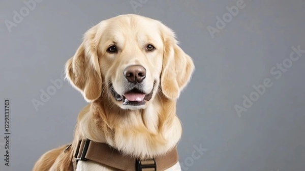 Fototapeta Golden retriever with brown harness looking at camera on grey background studio portrait