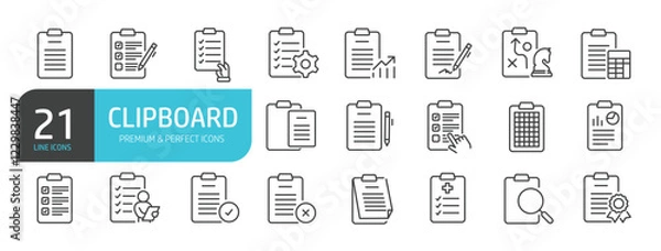 Fototapeta Set of line icons related to clipboard, document, form, report. Outline icons collection. Editable stroke. Vector illustration.