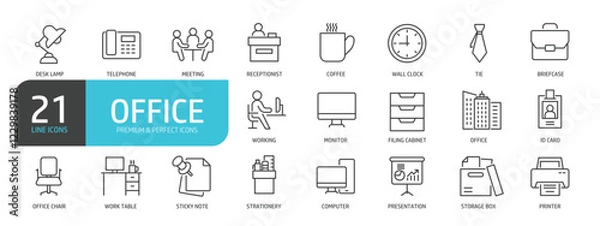 Fototapeta Set of line icons related to office, workplace, workspace. Outline icons collection. Editable stroke. Vector illustration.