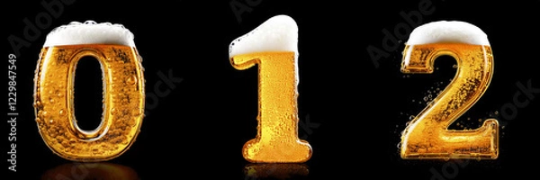Obraz Numbers 0, 1, 2. Beer Alphabet: Chilled Golden Letters on a Black Background
