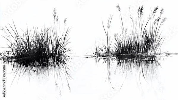 Fototapeta Monochrome Reeds with Reflection in a Still Water Minimalist Black and White Illustration