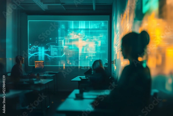 Fototapeta Futuristic classroom with students engaged in interactive learning and advanced technology integration at modern educational institution