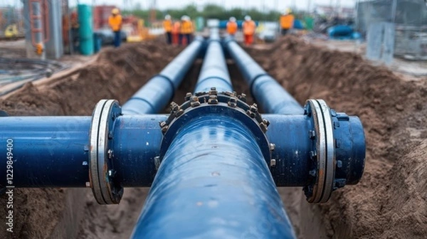 Fototapeta Blue industrial pipes laid through an excavated trench, highlighting the complexity of modern infrastructure development.