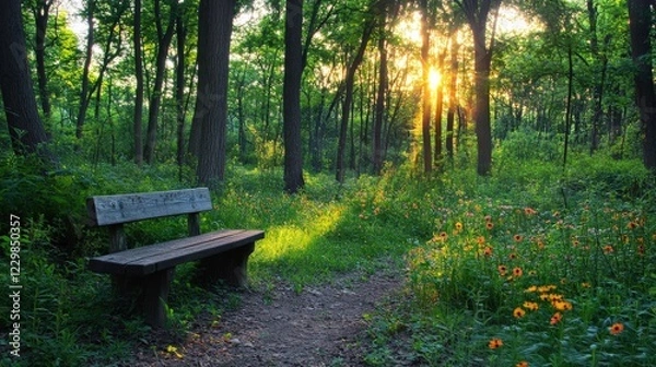 Fototapeta Sunset over a serene forest path tranquil nature scene outdoor environment peaceful viewpoint nature concept
