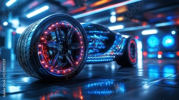 Fototapeta Futuristic car tire with embedded LED patterns in a virtual showroom setting