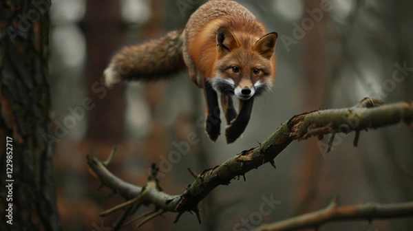 Obraz Fox jumping over a dry tree while running in the forest.