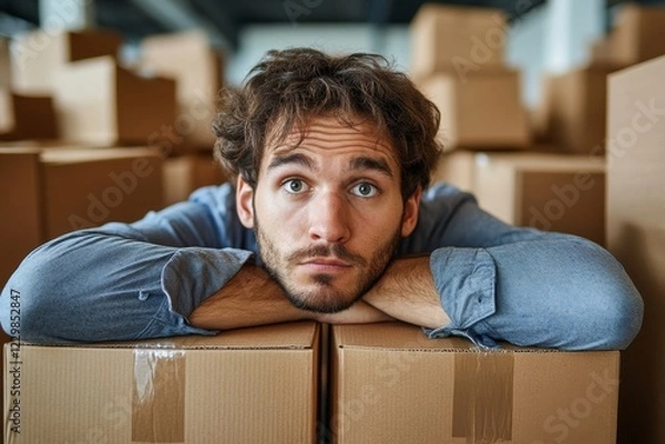 Fototapeta Man resting his head on boxes, looking tired and overwhelmed