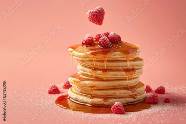 Fototapeta Stack of fluffy pancakes with syrup, decorated with raspberries. Homemade present for Saint Valentine day. Romantic breakfast. Generative AI