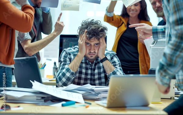 Fototapeta Office employee looking at stack of documents lying on table. Concept of overload and paperwork.
