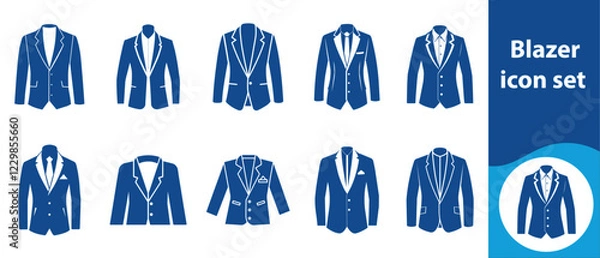 Obraz Blazer icon set, fashion, clothing, jacket, outline, outfit, blazer, set, elegant, vector, wear, icon, woman, illustration, line, front, business, design, isolated, symbol, suit and more