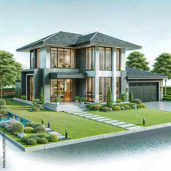 Fototapeta The image shows a modern two-story house with a green lawn, well-maintained landscaping, and a driveway leading to a garage. The house features large windows and a black roof.