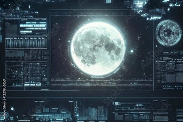 Obraz A computer monitor displays a glowing moon in the center of the screen. The moon is surrounded by a variety of other images, including a cityscape and a clock. Scene is one of wonder and awe
