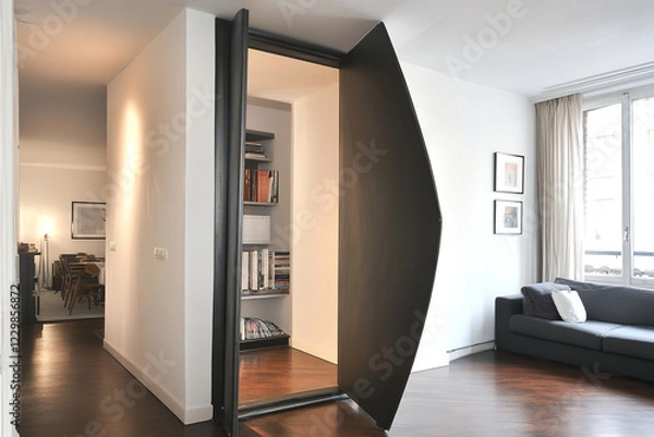 Fototapeta Intriguing space door design opens into modern apartment with sleek architecture