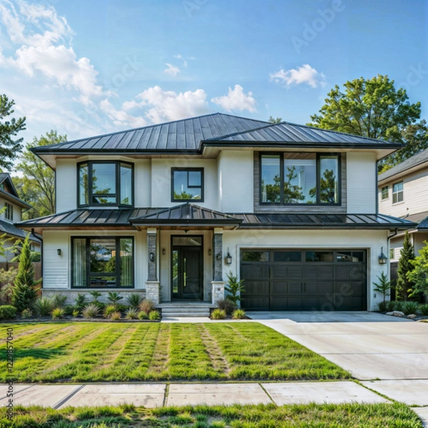 Fototapeta The image shows a modern two-story house with a green lawn, well-maintained landscaping, and a driveway leading to a garage. The house features large windows and a black roof.