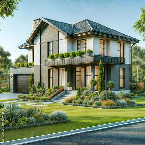 Fototapeta The image shows a modern two-story house with a green lawn, well-maintained landscaping, and a driveway leading to a garage. The house features large windows and a black roof.