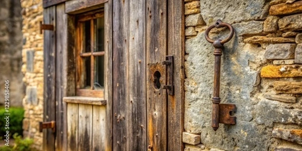 Fototapeta A key leans against a house wall with an old wooden door and windows in a rustic, countryside setting, rural, entrance