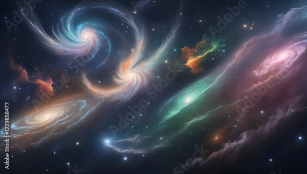 Fototapeta A deep-space scene with swirling galaxies, colorful nebulas, and distant stars.