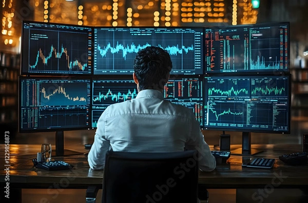 Obraz Professional trader analyzing multiple stock market charts in modern office environment