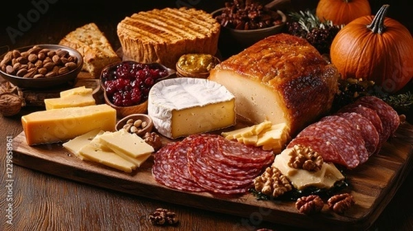 Fototapeta Rustic charcuterie board with artisanal cheeses, gourmet meats, surrounded by seasonal fruits, nuts, and Thanksgiving dishes like roast turkey and pumpkin pie