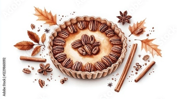 Fototapeta Pecan pie with decorative crust, surrounded by autumn leaves and cinnamon sticks, watercolor illustration, isolated on white background