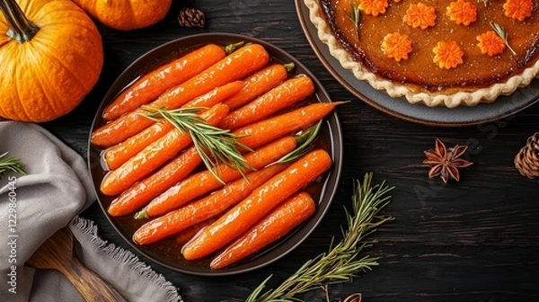 Fototapeta Plate of sweet honey-butter glazed carrots with subtle hints of orange zest, placed next to pumpkin pie and Thanksgiving sides