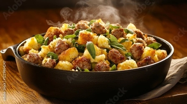 Fototapeta Rich Thanksgiving dressing, a blend of cornbread, sausage, and fresh sage, steaming on a wooden table beside a roasted turkey centerpiece