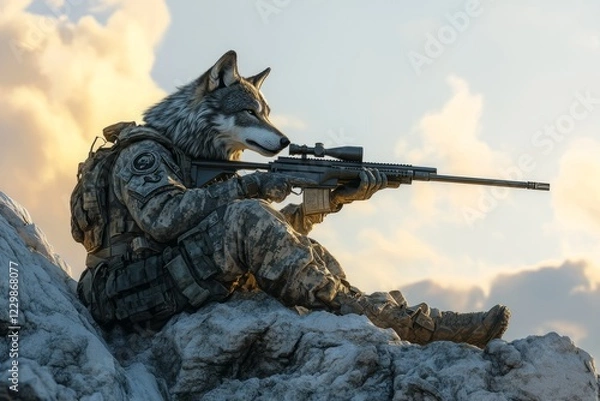 Fototapeta Wolves soldier.Military wolves.Army wolves.A heroic wolf soldier, a large gray wolf wearing combat fatigues, standing confidently on a rocky outcrop, with a sniper rifle resting at its side